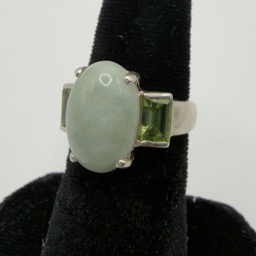 925 Sterling Silver Jade Cabochon Green CZ Accent Ring Size 5 Vintage Statement